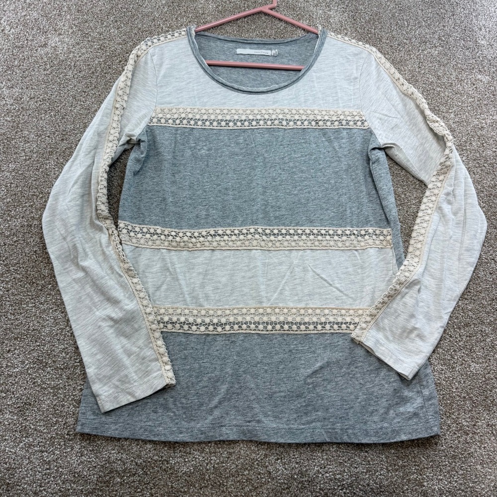 Grey State Womens Crochet Lace Stripe Long Sleeve Top Grey Cream Size 3 Large